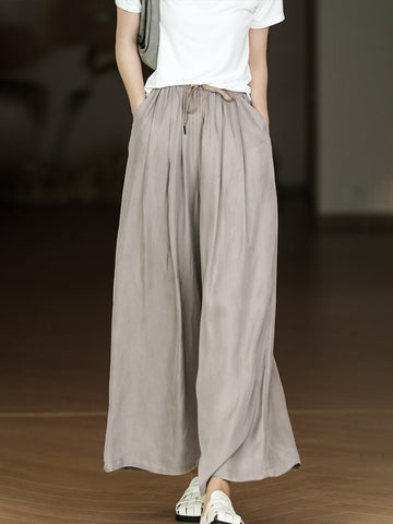 Women Solid Pleat Drawstring Pocket Loose Straight-leg Pants
