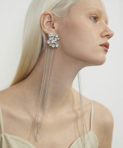 Retro Silvery Zircon Long Tasseled Metal Drop Earrings