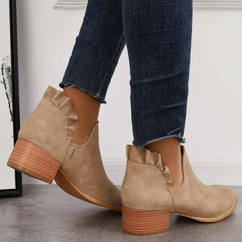 V-Cut Ruffle Ankle Boots Slip on Chunky Stacked Heel Booties