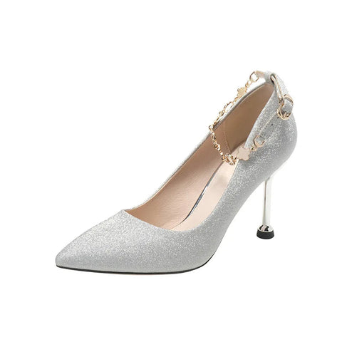 Silver straight line buckle French high heels fashionable slim heels pointed single shoes bride bridesmaids wedding shoes women