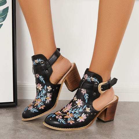 Pink Cutout Embroidered Chunky Heels Ankle Strap Slingback Sandals