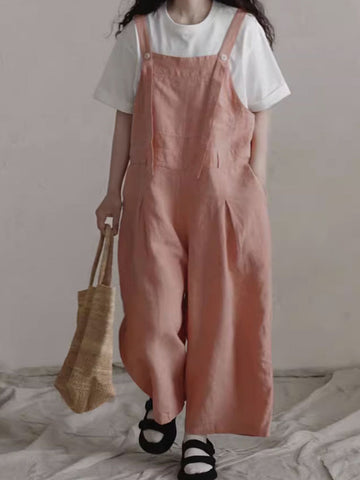 Women Summer Solid Casual Loose Straight-leg Linen Jumpsuits