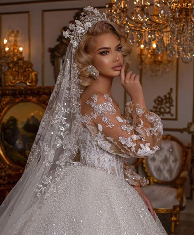 Long Sleeves Lace Ball Gown Wedding Dress Bubble Sleeves