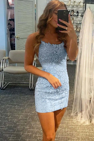 Sheath Spaghetti Straps Orange Short Homecoming Dress with Appliques
