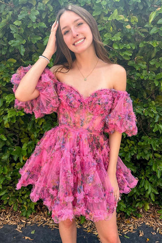 Cute A Line Off the Shoulder Ivory Printed Short Homecoming Dress