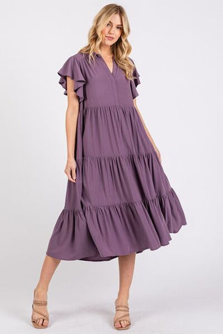 Mauve Ruffle Sleeve Resort Midi Dress