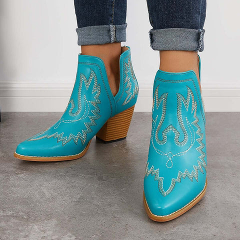 Western Ankle Cowgirl Boots Slip on Cutout Chunky Heel Booties