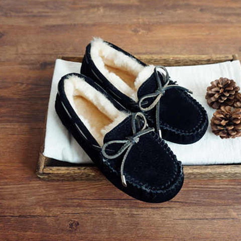 Cozy Slip On Bow-Knot Thick Wool Pea Lazy Winter Shoes