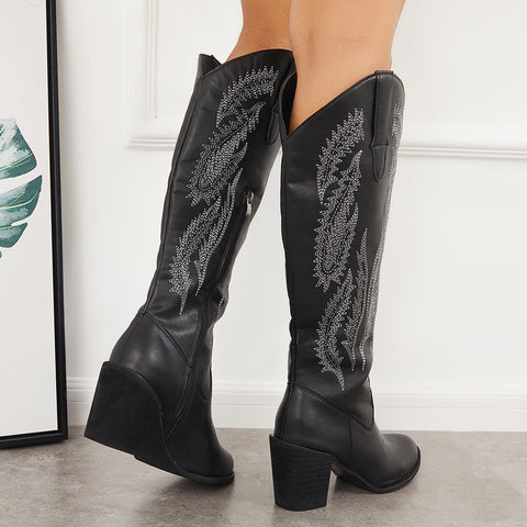 Embroidered Western Cowboy Boots Chunky Heel Knee High Riding Boots