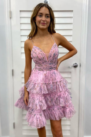 Wunderschönes kurzes Homecoming-Kleid in A-Linie mit Spaghettiträgern und rosa Blumenmuster