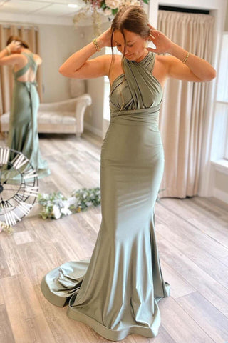 Mermaid Deep V Neck Light Green Long Bridesmaid Dress with Open Back