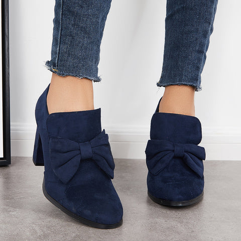 Bowknot Pointed Toe Chunky High Heel Pumps Slip on Dress Shoes