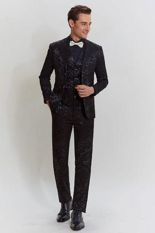 Schwarzer 3-teiliger Jacquard-Anzug mit Jacke, Weste und Hose für Herren