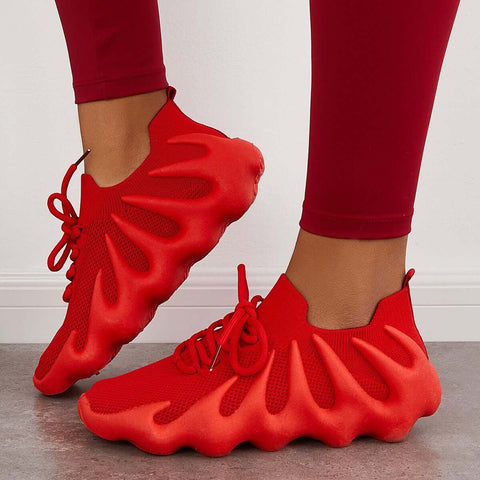 White Breathable Lace Up Running Sneakers Knit Athletic Shoes