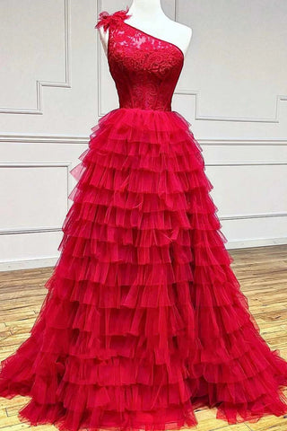 A Line Light Purple One Shoulder Corset Tiered Long Prom Dress with Ruffles