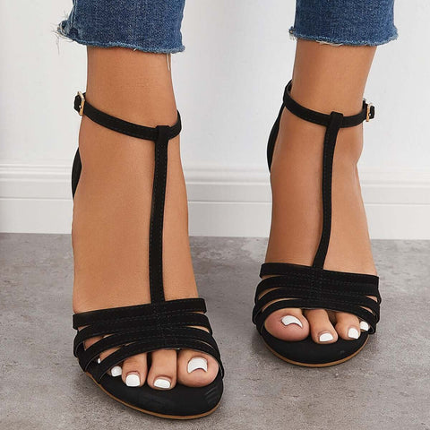 Block Chunky High Dress Heels Open Toe Ankle T-Strap Sandals