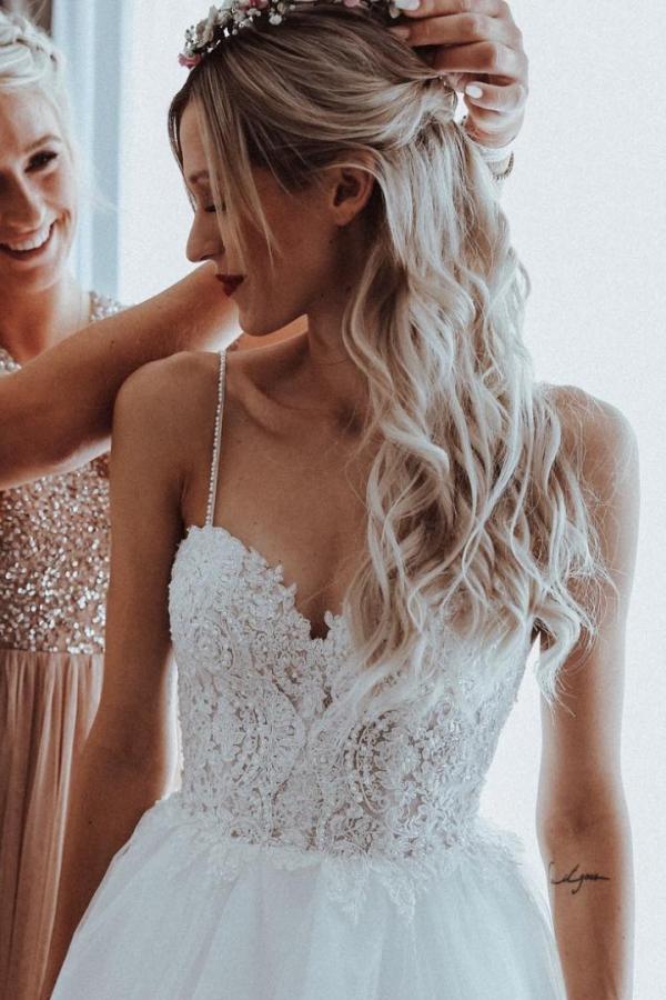 Bmbridal Spaghetti-Straps Lace Wedding Dress Tulle Sleeveless Backless