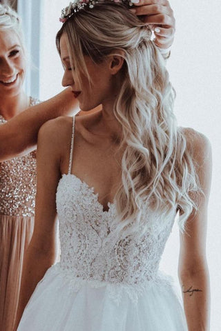 Bmbridal Spaghetti-Straps Lace Wedding Dress Tulle Sleeveless Backless