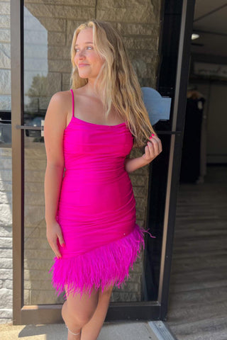 Cute Sheath Spaghetti Straps Hot Pink Short Homecoming Dress with Feather