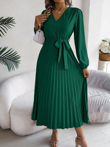 Plissiertes, gebundenes Midikleid mit V-Ausschnitt und langen Ärmeln
