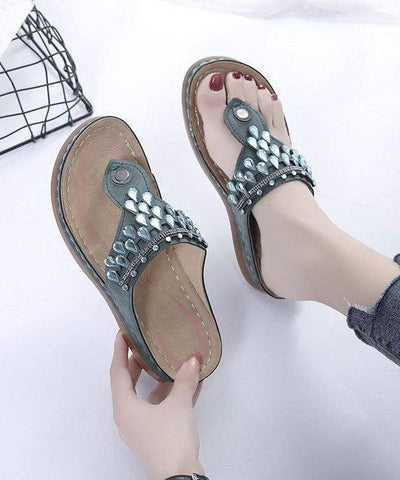 0508Unique Zircon Splicing Wedge Thong Sandals Green Faux Leather