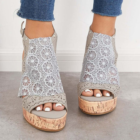 Open Toe Lace Platform Cork Wedges High Heel Sandals