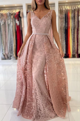 Elegantes Abendkleid im Meerjungfrau-Stil mit V-Ausschnitt, Perlenbesatz, ärmellos, Spitzenapplikationen und Schleppe