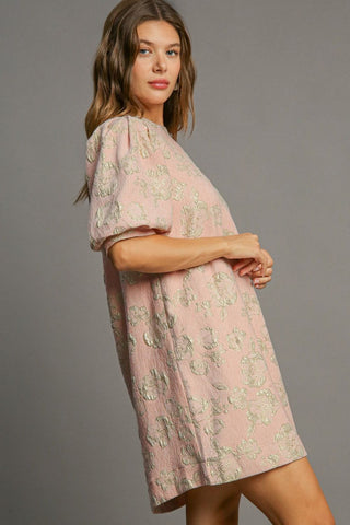 Floral Jacquard Puff Sleeve Mini Resort Dress