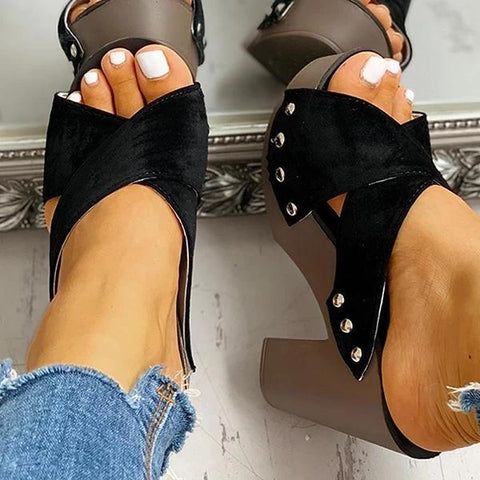 Rivet Criss Cross Chunky Block Heels Platform Slip-on Sandals