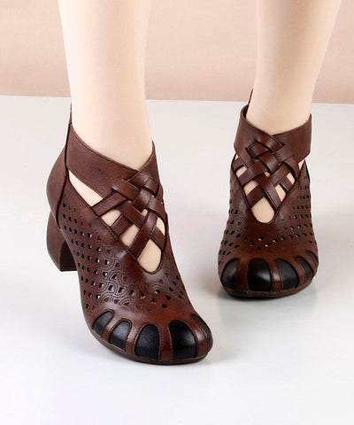 Unique Coffee Cowhide Leather Hollow Out High Heel Splicing Boots