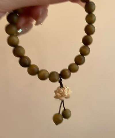 Handmade Brown Weaving Sandalwood Lotus Beading Two-Piece Set Charm Bracelet