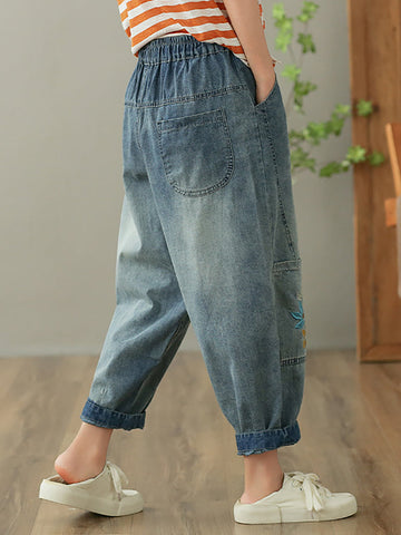 Women Summer Vintage Flower Embroidery Denim Harem Pants