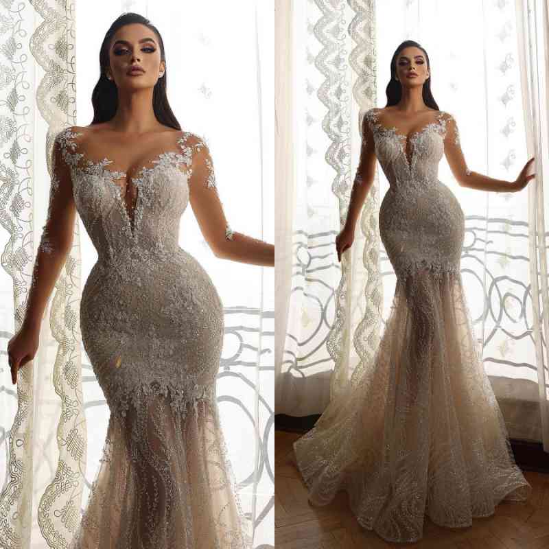 Bmbridal Long Sleeves Bridal Gown Mermaid With Delicate Lace