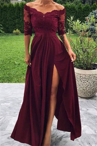 Bmbridal Burgundy Half Sleeves Lace Prom Dress Long With Slit