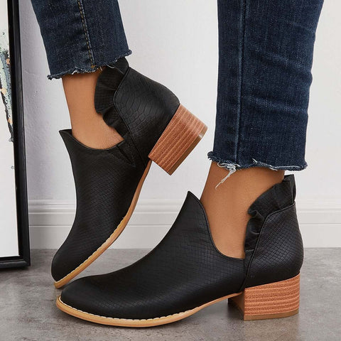 V-Cut Ruffle Ankle Boots Slip on Chunky Stacked Heel Booties