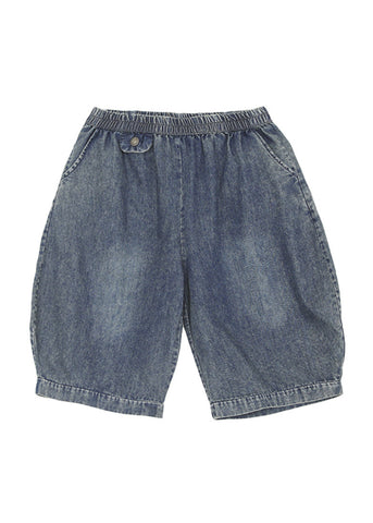 Simple Black Elastic Waist Pockets Solid Cotton Shorts Summer