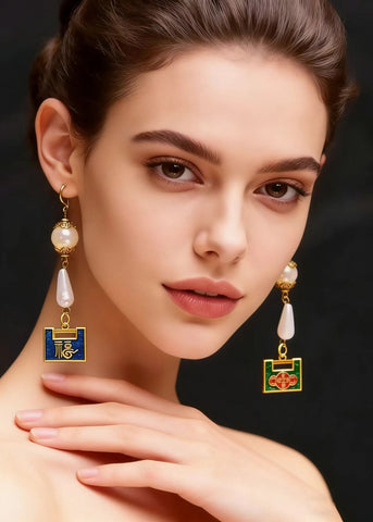 Chic Metal Lock Asymmetrical Design Fine Pearl Drop Earrings