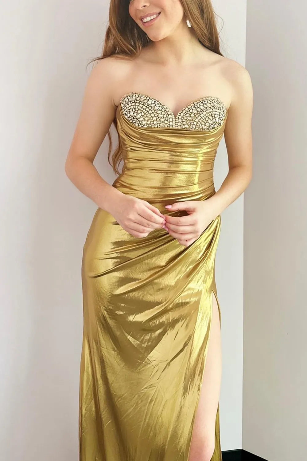Silver Metallic Strapless Mermaid Long Prom Dress with Beading