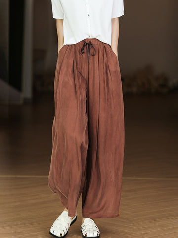 Women Solid Pleat Drawstring Pocket Loose Straight-leg Pants