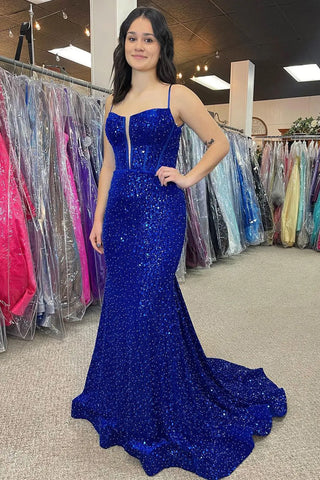 Red Spaghetti Straps Sequins Mermaid Long Corset Prom Dress with Slit