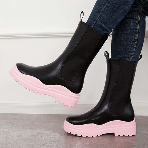 Platform Lug Sole Mid Calf Chelsea Boots Chunky Block Heel Booties
