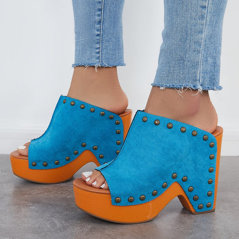 Retro Chunky Platform Heel Mules Slip on Sandals