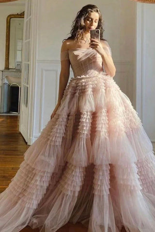 Princess A Line Off the Shoulder Light Pink Corset Prom Dress with Ruffles