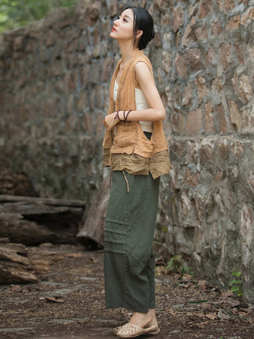 Women Vintage Solid Summer Straight Ramie Pants