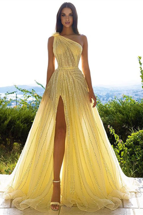 Bmbridal Daffodil One Shoulder Prom Dress Sequins Beads With Slit