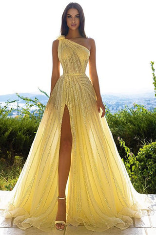 Bmbridal Daffodil One Shoulder Prom Dress Sequins Beads With Slit