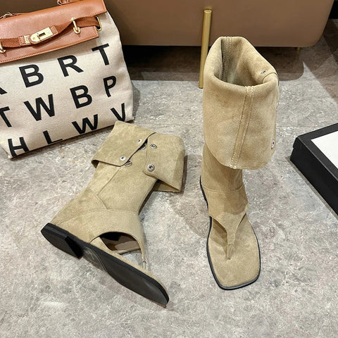 Vintage Western Cowboy Stacked Boots 2024 Summer Fashion Clip Toe Flats Sandalias Ladies Elegant Rome Style Long Booties