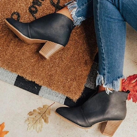 Retro Western V Cut Ankle Boots Slip On Chunky Stacked Heel Booties