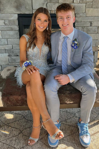Sheath Deep V Neck Silver Short Homecoming Dress with Feather Beading