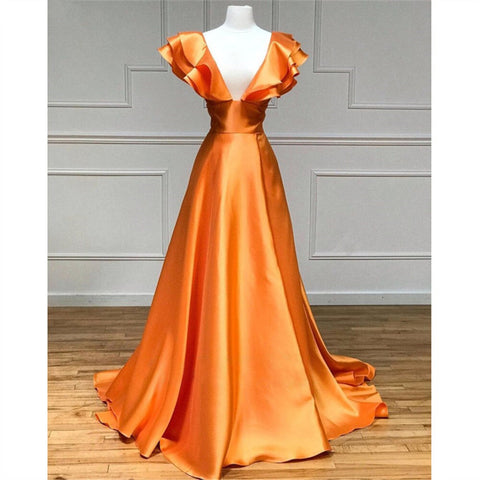 Hot Pink V-Neck Ruffle A-Line Long Prom Dress